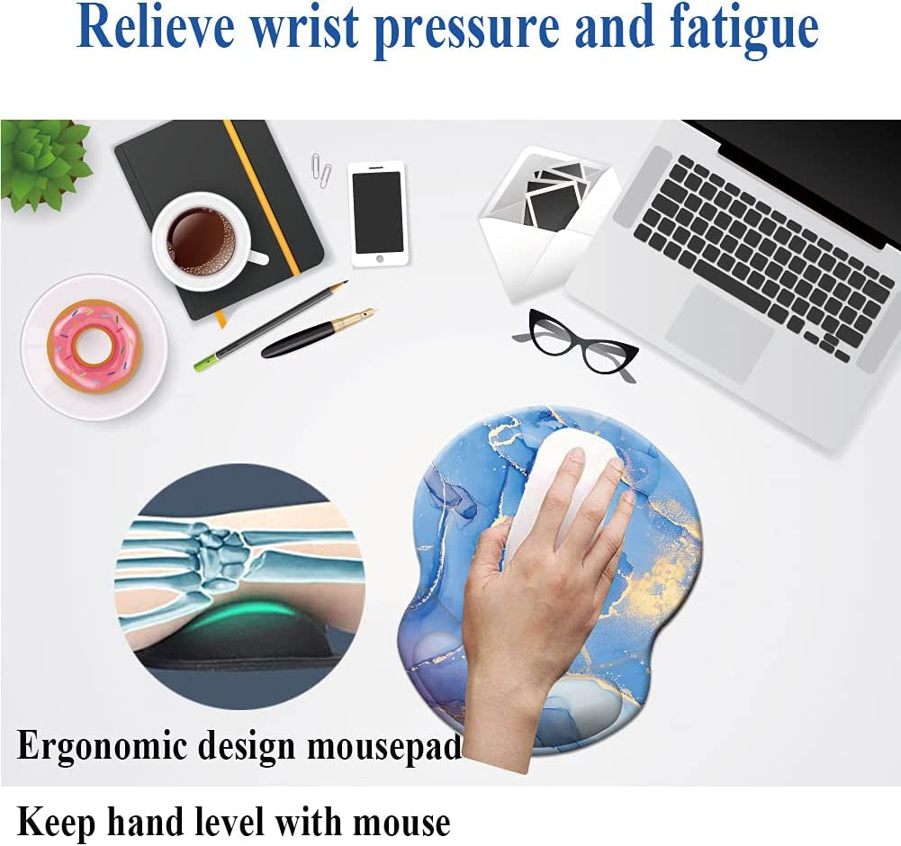 Ergonomic Wrist Rest Support, Gaming Mouse Pad 8.7 X 7.5 Inches for Computer, Laptop, Home, Office (Marble Golden Blue)