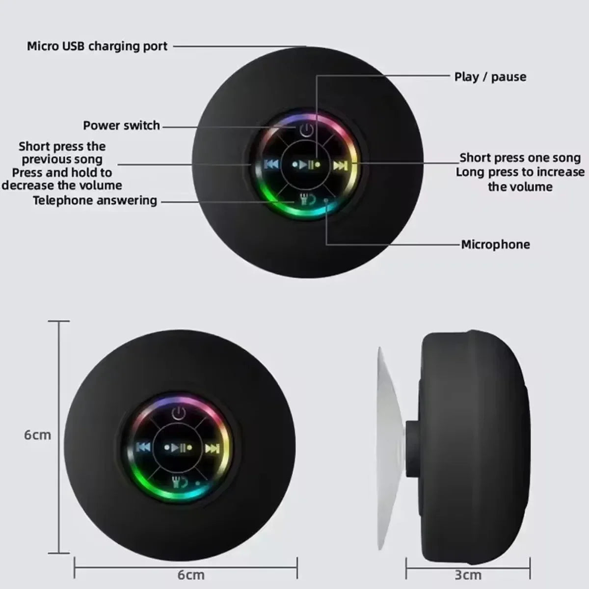 AquaBeat Mini: Waterproof LED Bluetooth Speaker with Powerful Sound & Suction Cup Mount
