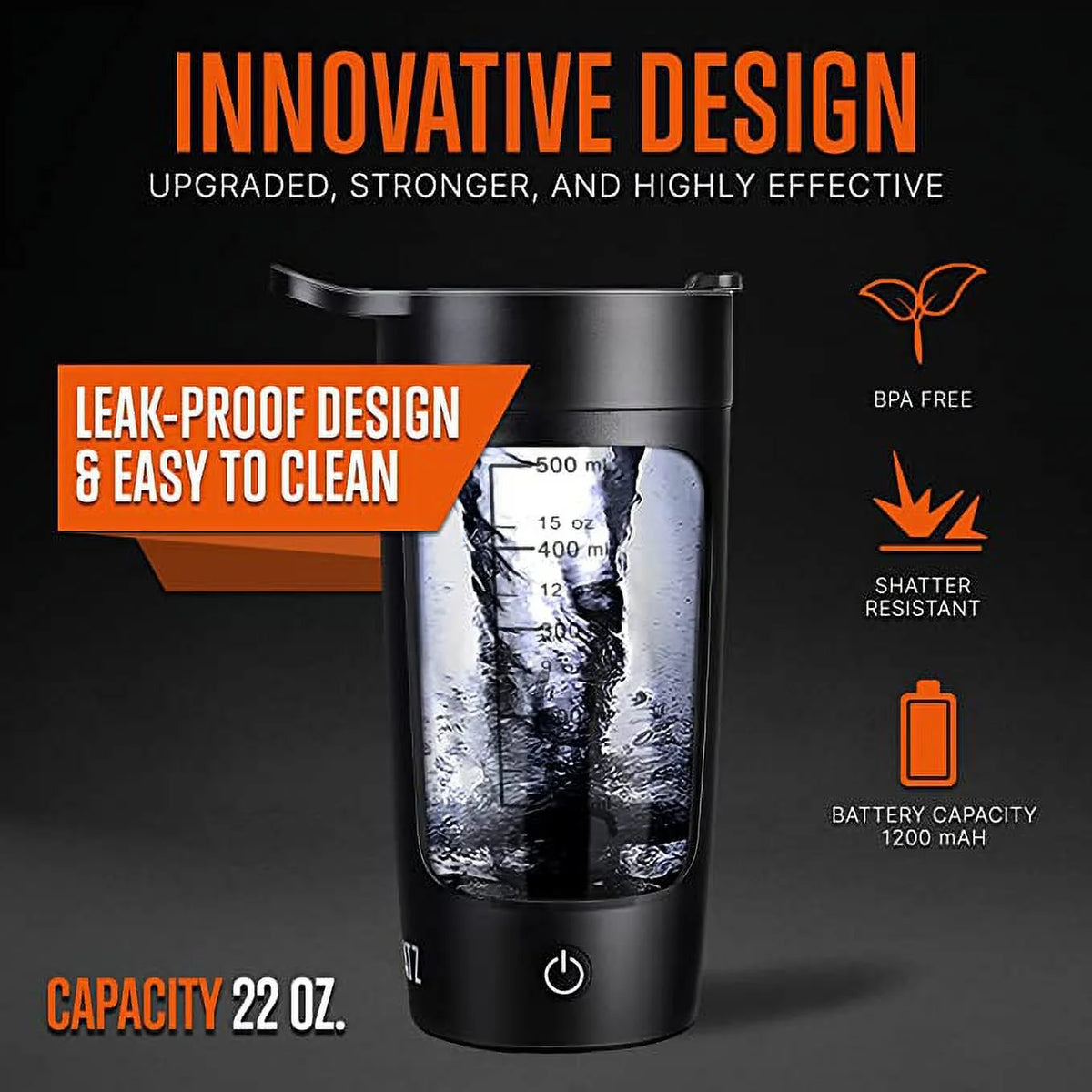 22Oz Electric Shaker Bottle Automatic Blending Flask for Protein Usb-Rechargeable (Black)